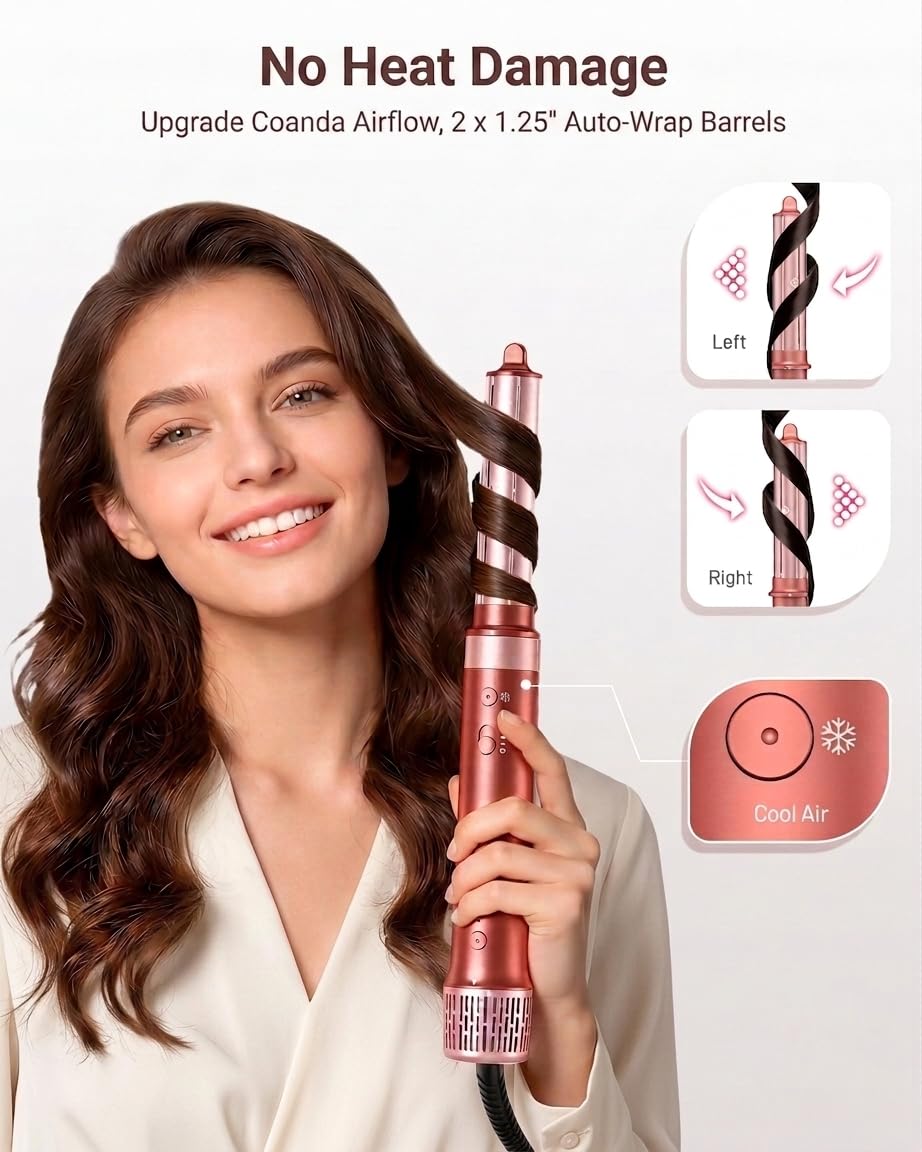 HITTIONA Hot Air Styler & Hair Dryer Brush Kit, 1500W No Heat Damage Frizz-Free Hair Styler for Curl, Wavy, Volumizer, Straighten, Fast Drying, Negative Ionic Blow Dryer Brush with Travel Bag