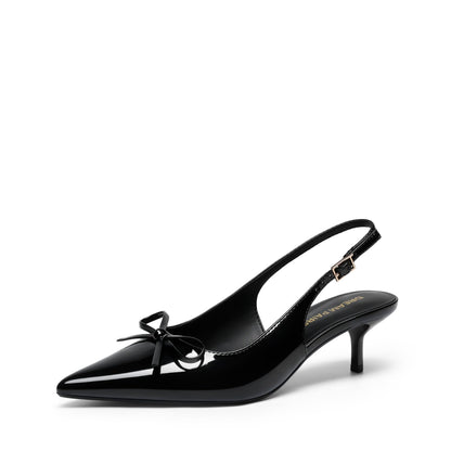 DREAM PAIRS Women's Slingback Kitten Heels Pumps with Bow,Black-Pat,7