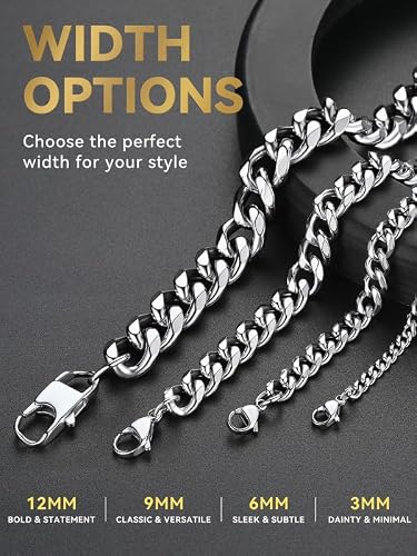 ChainsHouse Hip Hop Curb Boys Necklace Stainless Steel/18K Gold Plated Cuban Link Chain for Mens Womens 18-30 Inch(stainless,12mm)