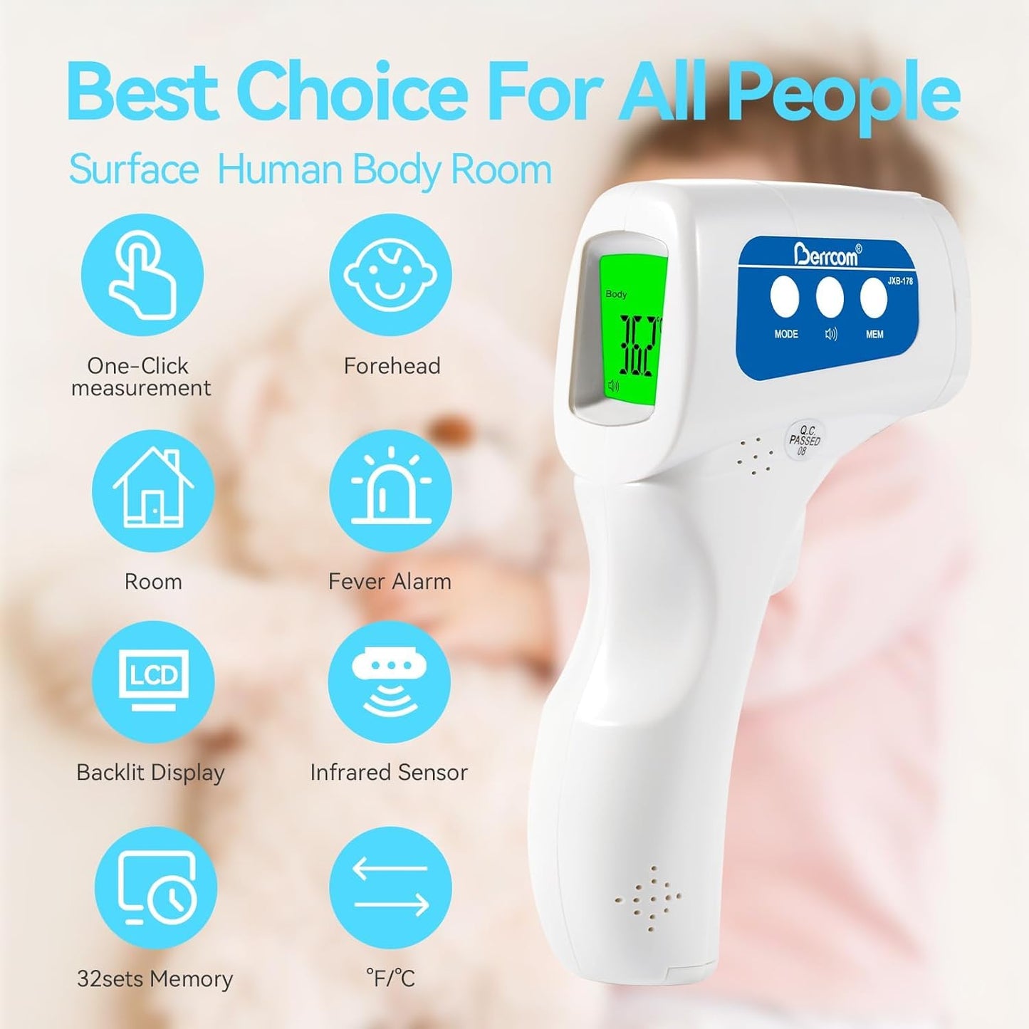 Berrcom 3-in-1 Infrared Forehead Thermometer Non-Contact Temperature Gun