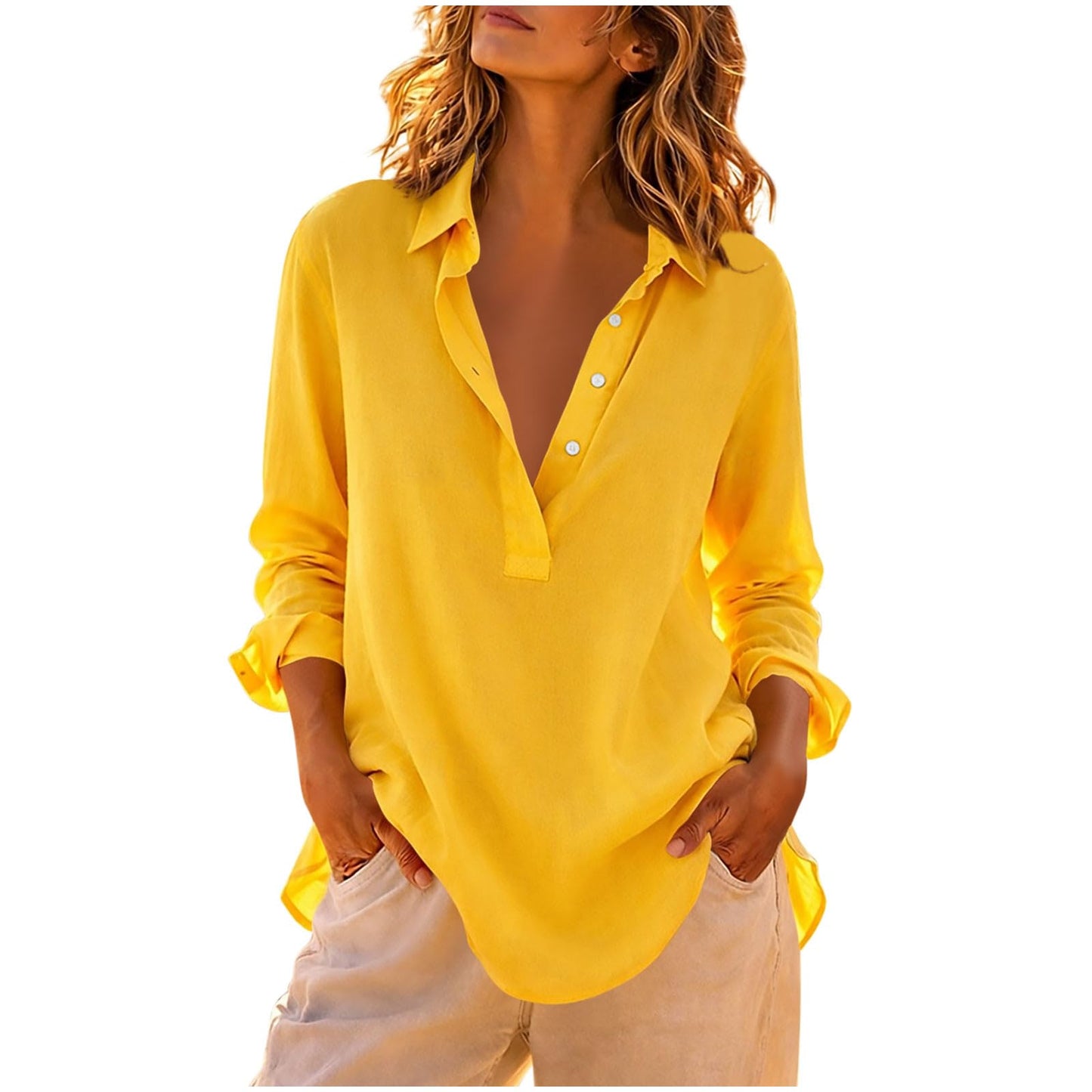 Cotton Tshirt Women Women's Cotton V-Neck Tunic Shirts Long Sleeve Rolled Casual Blouses Half Button Down Casual Loose Fit Lapel Tops Yellow Small