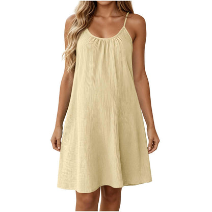Linen Dress Linen Dresses for Women Fashion Spaghetti Strap A-Line Swing Mini Dress 2026 Summer Beach Flowy Sundress Beige