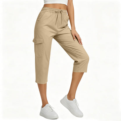 Capri Pants for Women High Waist Cargo Capri Pant Elastic Drawstring Cropped Work Pants with Pockets Summer Casual Trousers Khaki XL X-Large