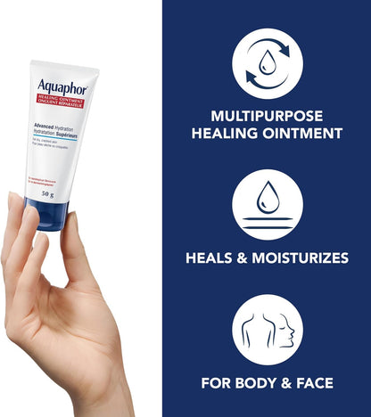 Aquaphor Healing Ointment, Multipurpose Ointment for Dry, Cracked Skin, Chafing, Cuticle Care, Fragrance Free, Non Greasy and Non Comedogenic Body Moisturizer, Dermatological Skin Care, 50g Tube