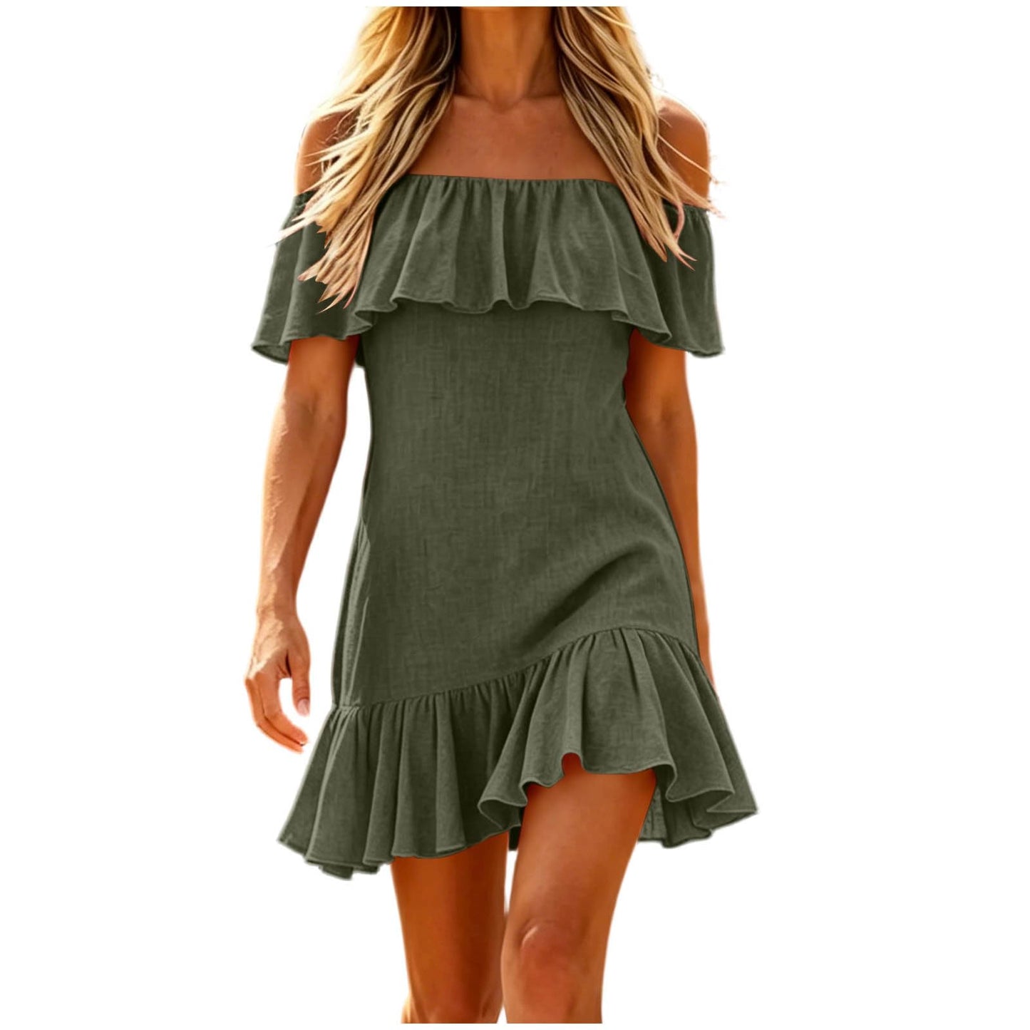 Spring Dresses for Women 2026 Dresses Women Summer Trendy Casual Flowy Dress Off Shoulder Ruffle Elegant A Line Beach Party Vacation Sundress 2026 Army Green S