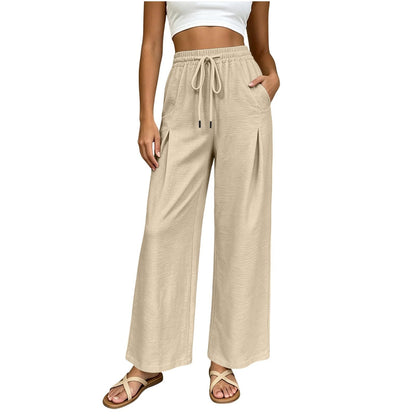 Linen Pants for Women Summer Straight Wide Leg Casual Palazzo Trousers Drawstring Comfy Casual Flowy Beach Outfits Beige
