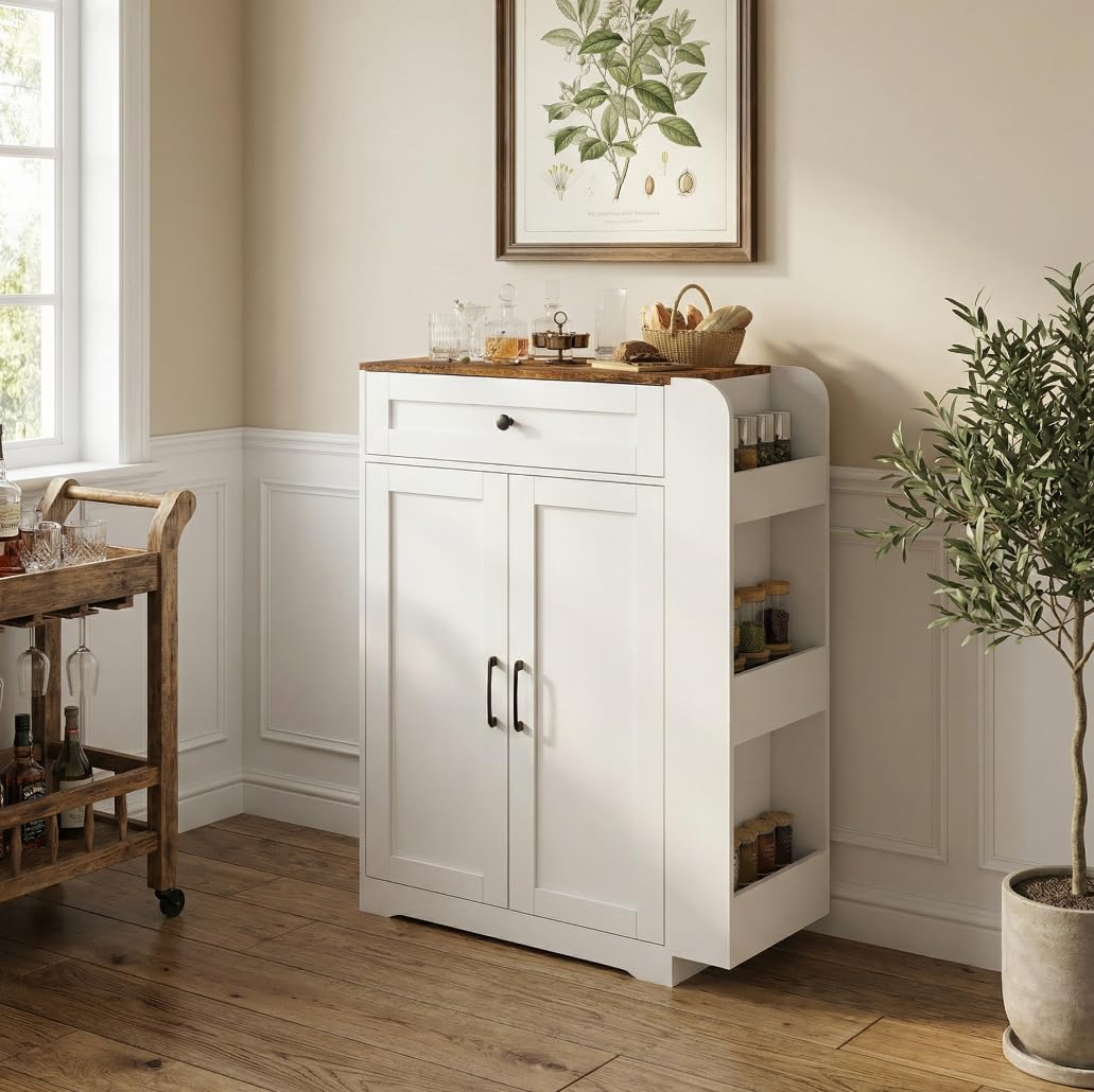SOLIDEE Modern Buffet Cabinet with Storage, 23.6" Narrow Sideboard with 3-Tier Side Racks, Kitchen Storage Cabinet with Drawer, 2 Shaker Doors and Adjustable Shelf, White