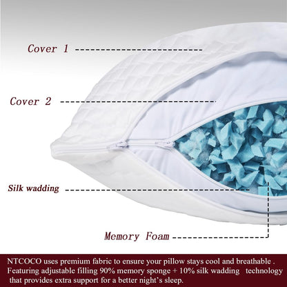 NTCOCO Shredded Memory Foam Bed Pillows for Sleeping King Size Set of 2, with Washable Removable Hypoallergenic Sleep Pillow for Back and Side Sleeper