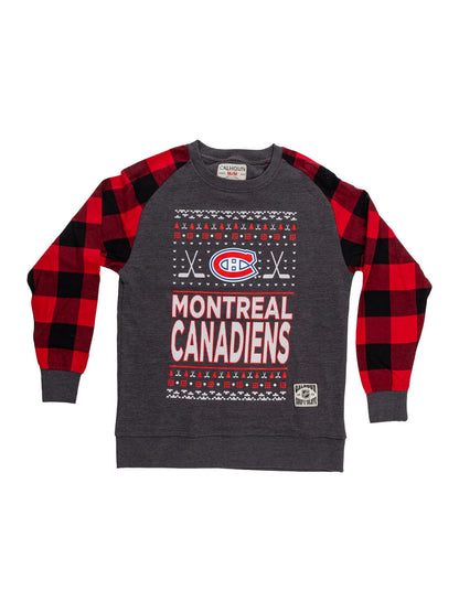 Calhoun NHL Surf & Skate Men's Ugly Christmas Team Logo Buffalo Plaid Raglan Sleeve Lightweight French Terry Sweater (Montreal Canadiens, Medium)