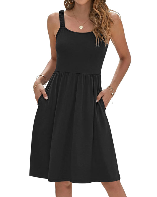 WNEEDU Black Dress Women 2026 Sleeveless Spaghetti Strap Beach Dresses with Pockets, Black M