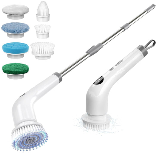 Electric Spin Scrubber for Cleaning, 400 RPM Cordless Cleaning Brush with 7 Replacement Brush Heads, Rechargeable Scrubber with Extendable Long Handle for Shower, Bathroom, Floor, Kitchen