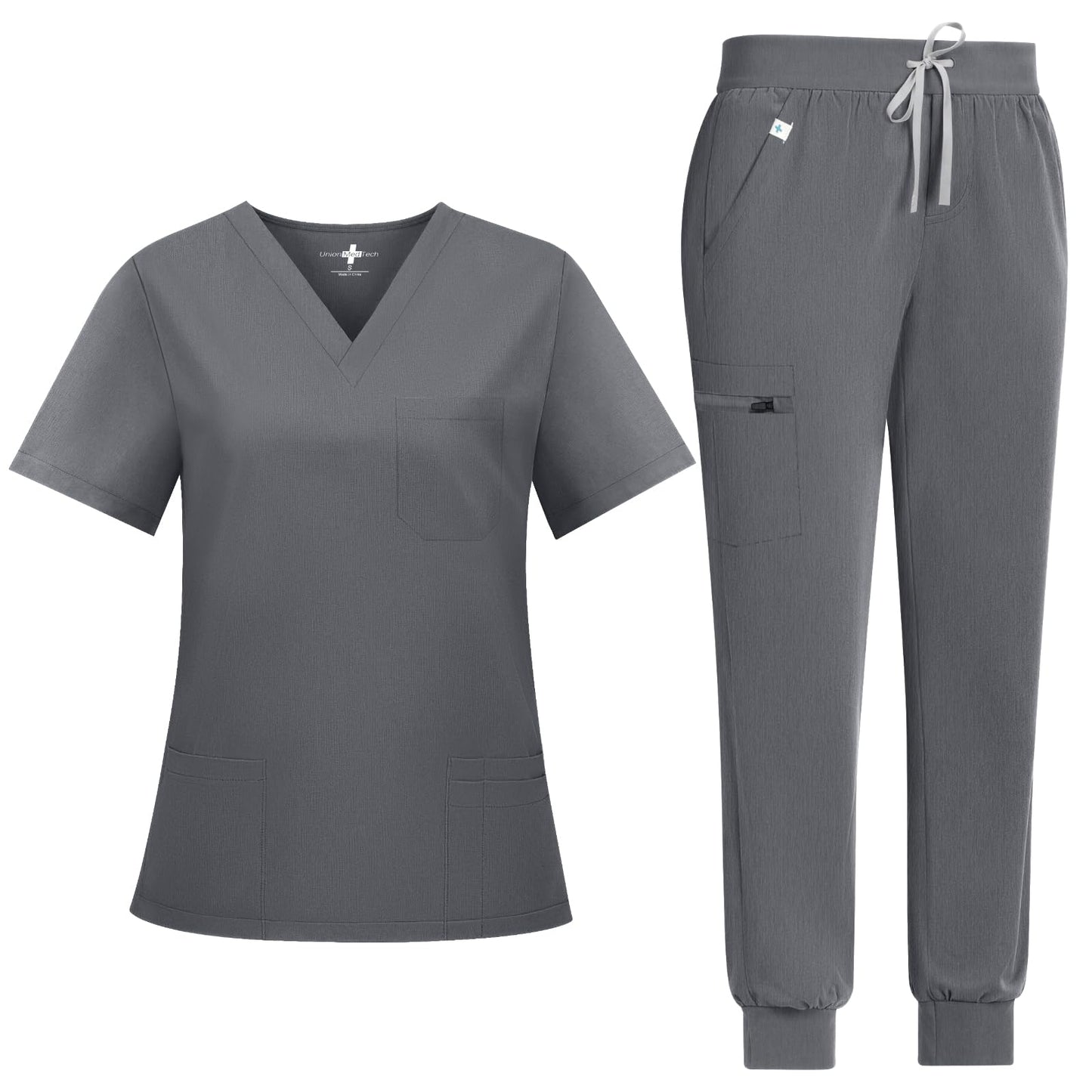 UnionMed Tech Scrubs for Women Set, Stretchy Slim Fit V-Neck Top & Jogger Scrub Pants with Multi Pocket Yoga Waistband