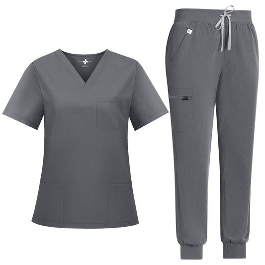 UnionMed Tech Scrubs for Women Set, Stretchy Slim Fit V-Neck Top & Jogger Scrub Pants with Multi Pocket Yoga Waistband