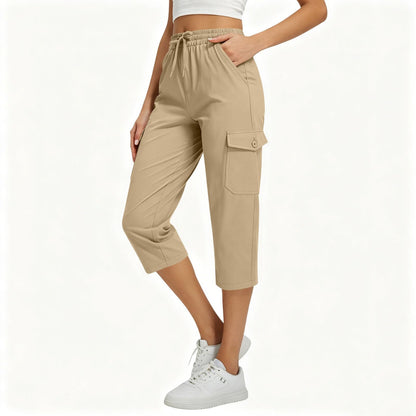 Capri Pants for Women High Waist Cargo Capri Pant Elastic Drawstring Cropped Work Pants with Pockets Summer Casual Trousers Khaki XL X-Large