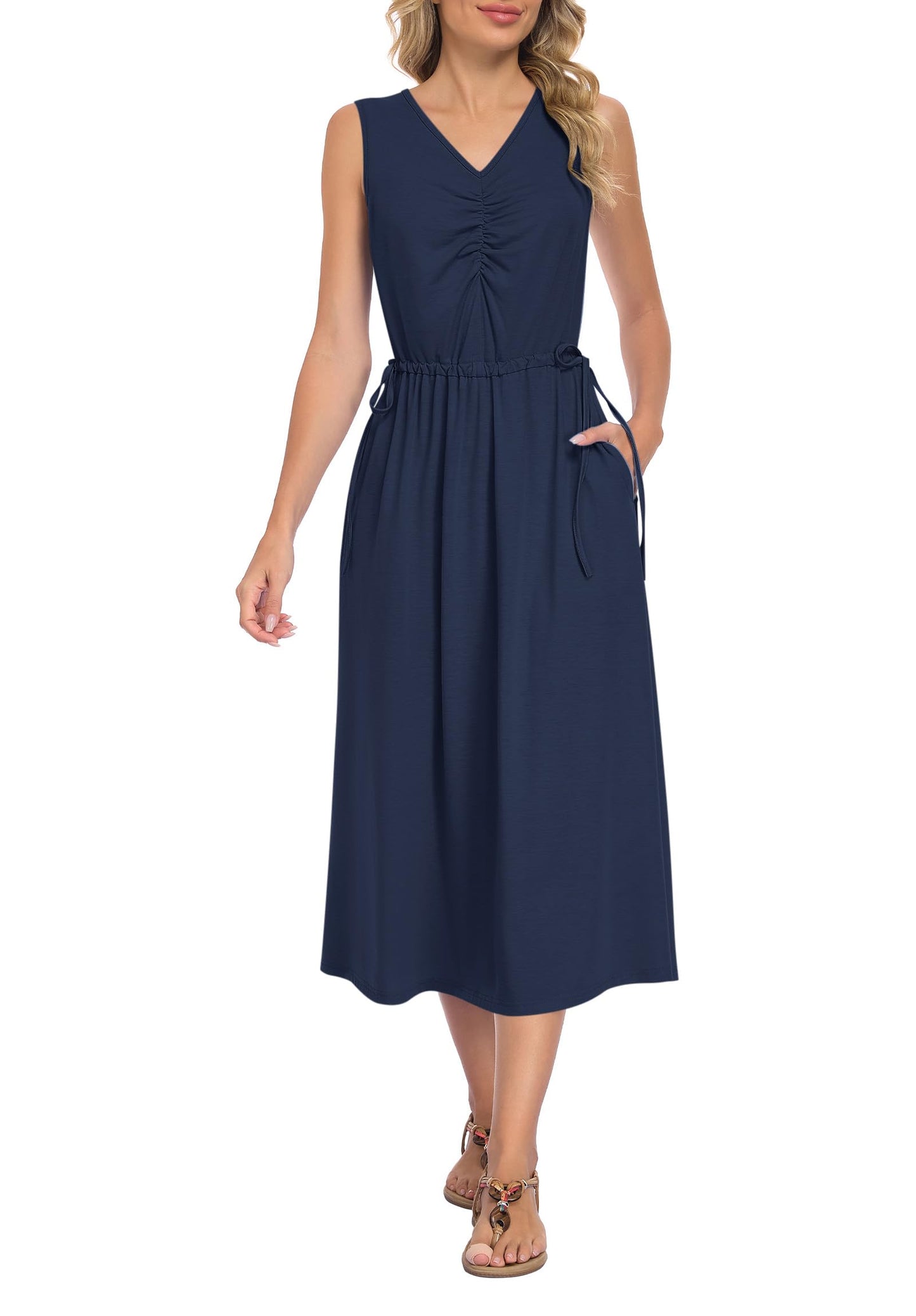 MISFAY Women's Maxi Dress Drawstring Long Dress Summer Cruise Wear Beach Sundresses with Pockets, Navy Blue, XL