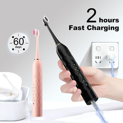 MAXWISDOM Electric Toothbrush 2 Pack - Electric Toothbrush for Adults with 12 Replacement Brush Heads, 2 Toothbrush Holders, 6 Modes (Black & Pink)