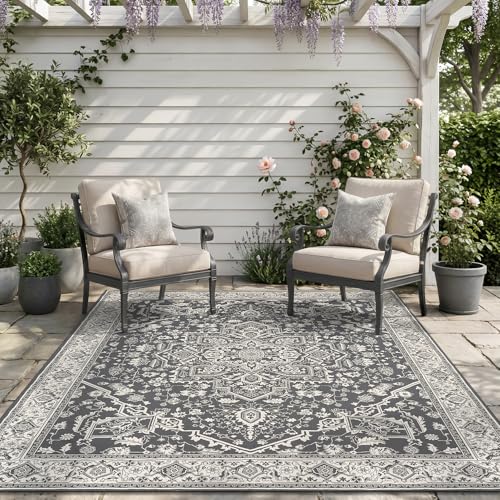 Engiw-Outdoor Rug-Patio Rug 5x8 Textured Weave Machine Washable Quick Dry Outdoor Carpet Braided Vintage Non Slip Indoor Outdoor Rug for Deck Porch Balcony Backyard Blackish Grey