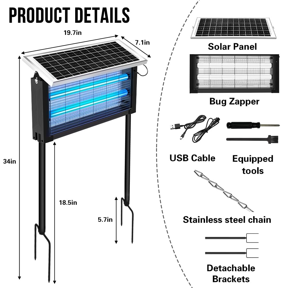 Bug Zapper Outdoor Solar, 4000V Electric Fly Mosquito Trap with LED Lamp, Waterproof & Portable Insect Control for Patio, Yard, Camping, Home, Garden