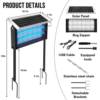 Bug Zapper Outdoor Solar, 4000V Electric Fly Mosquito Trap with LED Lamp, Waterproof & Portable Insect Control for Patio, Yard, Camping, Home, Garden