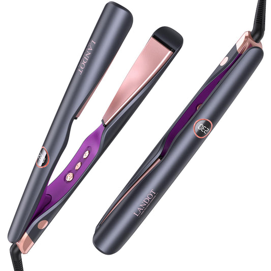 LANDOT Hair Straightener and Curler 2-in-1: Twist Flat Curling Iron Create Smooth Straight, Wave & Curls, Anti-Frizz, Tangle-Free, Dual Voltage, 12 Temps 250-450°F for All Hair Types, 1 inch