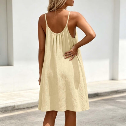 Linen Dress Linen Dresses for Women Fashion Spaghetti Strap A-Line Swing Mini Dress 2026 Summer Beach Flowy Sundress Beige