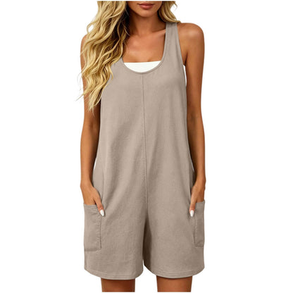 Generic Womens Rompers for Summer Linen Jumpsuits Sleeveless Loose Fit Shorts Overalls with Pockets Beach Vacation Clothes