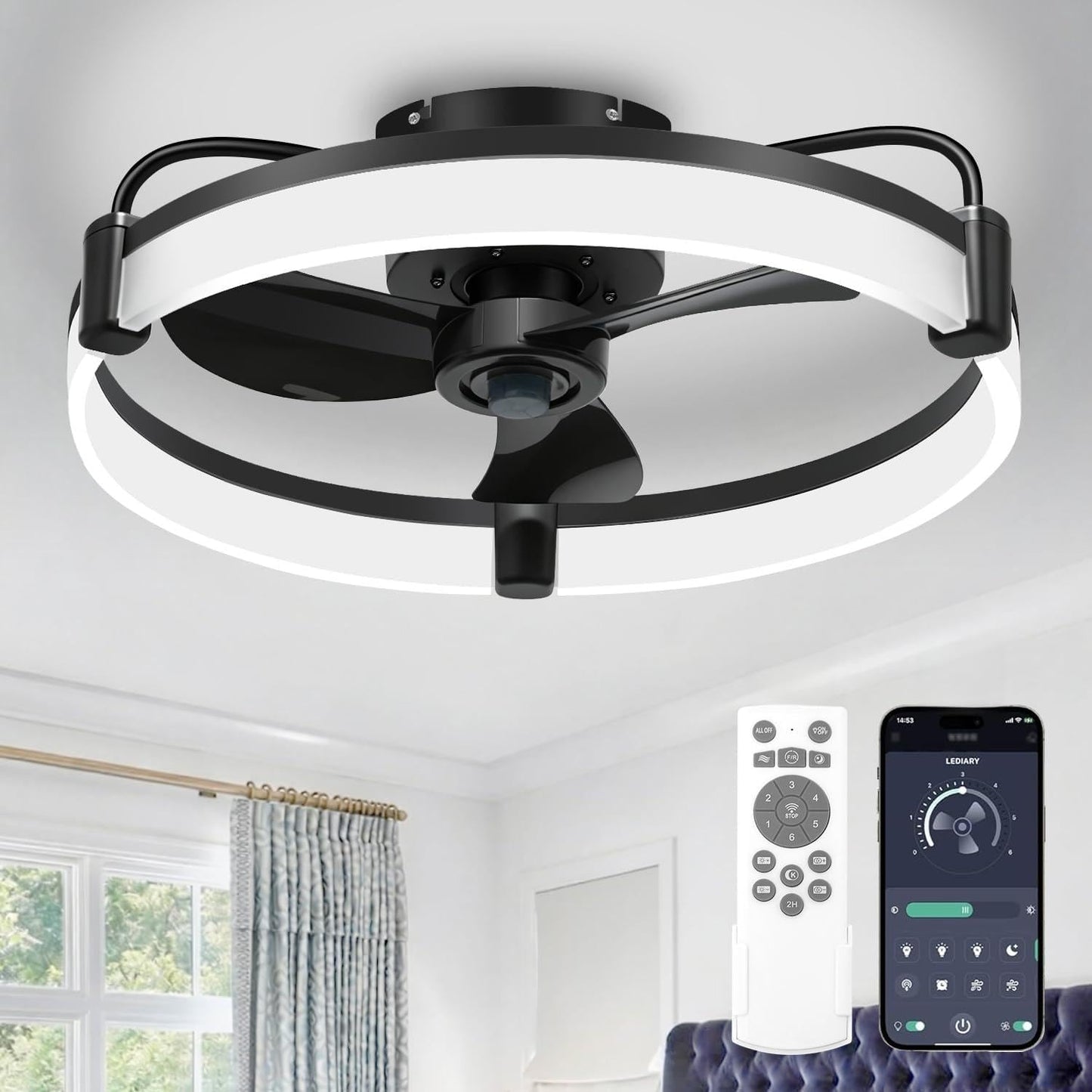 Teilybao Ceiling Fans with Lights for Bedroom Kitchen Room Ceilings, LED Dimmable Bladeless Flush Mount Low Profile Ceiling Fan Light with Remote, 6 Wind Speeds, Timer Setting, 3000-6000K - Black 20''