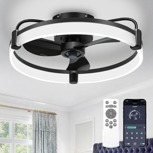 Teilybao Ceiling Fans with Lights for Bedroom Kitchen Room Ceilings, LED Dimmable Bladeless Flush Mount Low Profile Ceiling Fan Light with Remote, 6 Wind Speeds, Timer Setting, 3000-6000K - Black 20''