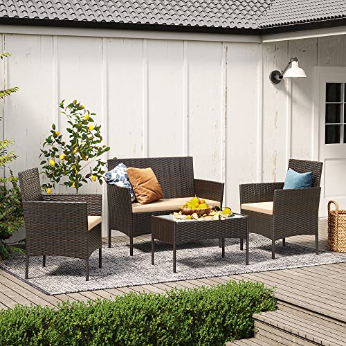 SONGMICS Patio Furniture Set, Outdoor PE Rattan Conversation Sets | Outdoor Table and 2 Chairs, Loveseat, Patio Garden Furniture, for Balcony Deck, Brown and Beige UGGF004KZ02