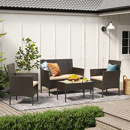 SONGMICS Patio Furniture Set, Outdoor PE Rattan Conversation Sets | Outdoor Table and 2 Chairs, Loveseat, Patio Garden Furniture, for Balcony Deck, Brown and Beige UGGF004KZ02
