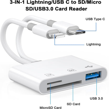 Dual Port SD Card Adapter for iPhone, iPad & USB-C Devices, Lightning & USB 3.0 Memory Card Reader for Camera, Supports SD/Micro SD, Plug & Play, No App Needed