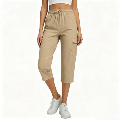 Capri Pants for Women High Waist Cargo Capri Pant Elastic Drawstring Cropped Work Pants with Pockets Summer Casual Trousers Khaki XL X-Large
