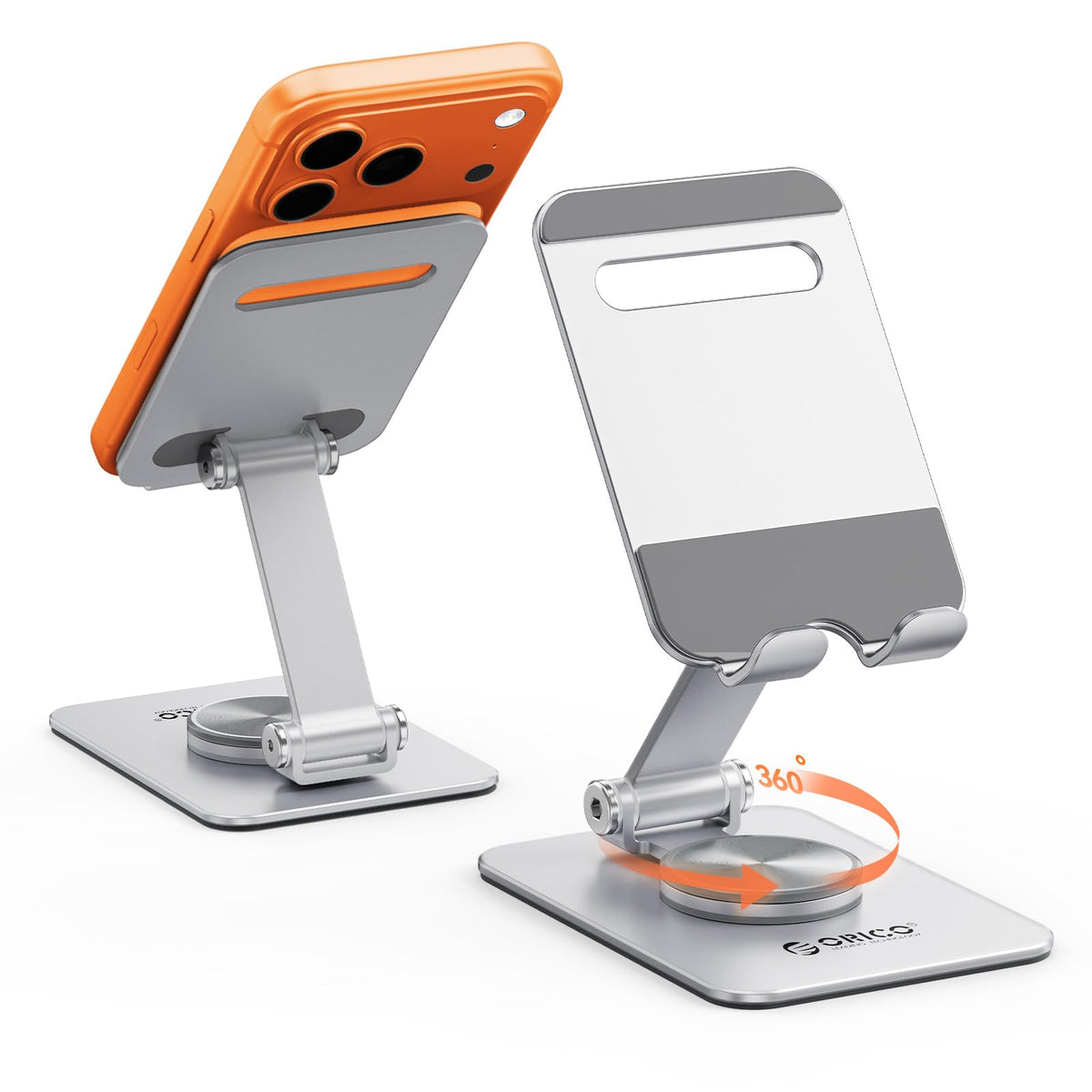 ORICO Aluminum Phone Stand for Desk, Adjustable Metal Phone Holder with Stable Support and Smooth 360° Rotation for Smartphones up to 6.9 Inches – Silver (PS2)