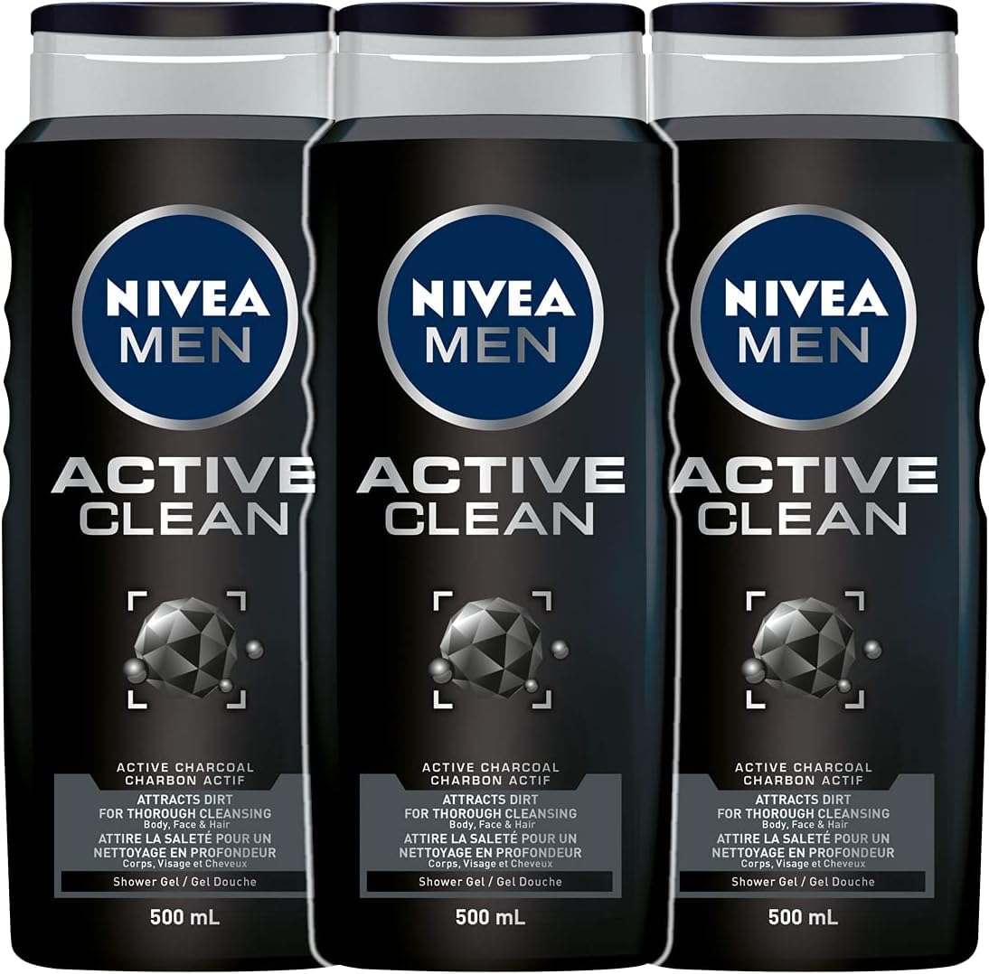 NIVEA MEN Active Clean Shower Gel Bundle (Pack of 3), 3-in-1 Men Body Wash with Active Charcoal for Body, Face & Hair, For All Skin Types, Fresh Fragrance 3 x 500 ml