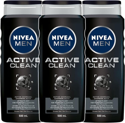 NIVEA MEN Active Clean Shower Gel Bundle (Pack of 3), 3-in-1 Men Body Wash with Active Charcoal for Body, Face & Hair, For All Skin Types, Fresh Fragrance 3 x 500 ml