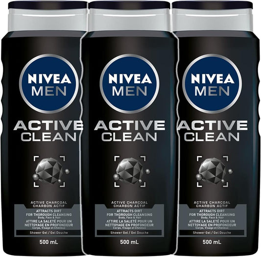 NIVEA MEN Active Clean Shower Gel Bundle (Pack of 3), 3-in-1 Men Body Wash with Active Charcoal for Body, Face & Hair, For All Skin Types, Fresh Fragrance 3 x 500 ml