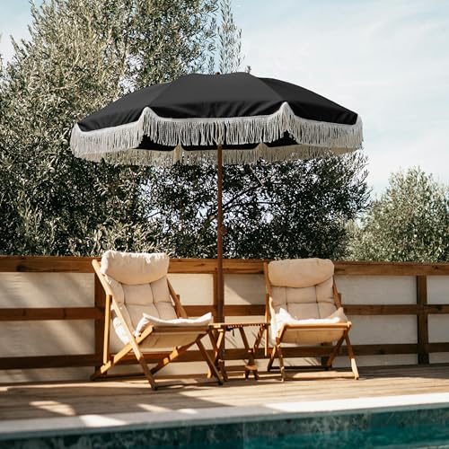 AMMSUN 7ft Boho Patio Umbrella with Fringe, Noble Black