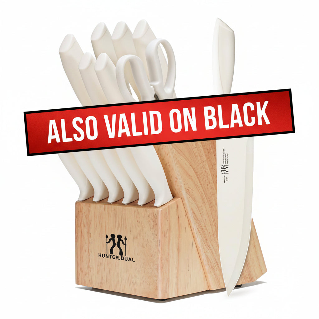 HUNTER.DUAL Knife Set, Dishwasher Safe Kitchen Knife Set with Block, 15 Pcs Cream Kitchen Knife Sets with Block Self Sharpening, 6 Steak Knives (Cream)