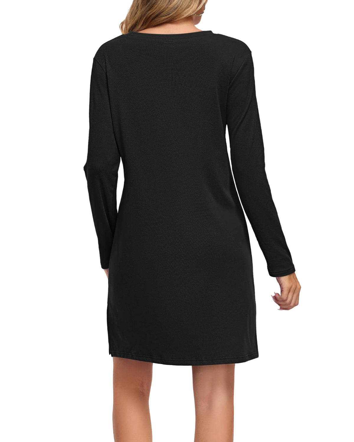 WNEEDU Dresses for Women 2026 Casual Long Sleeve Shirt Fall Outfit,Black,L