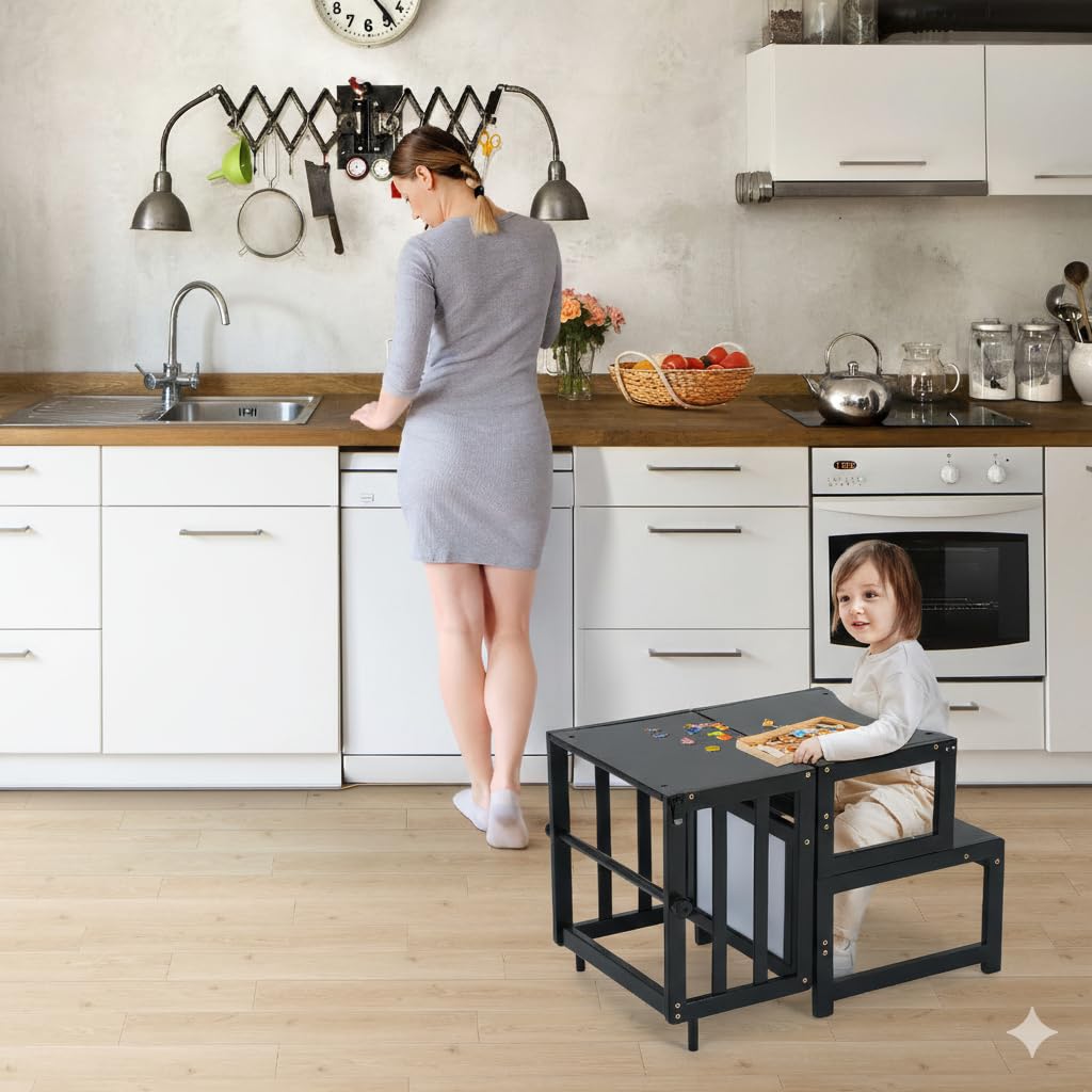 COSYLAND Kitchen Step Stool for Toddlers, Multifunctional Toddler Standing Tower with Safety Rail and Whiteboard, Convertible into Desk Table and Chair, Wooden Toddler Kitchen Stool Helper (Black)