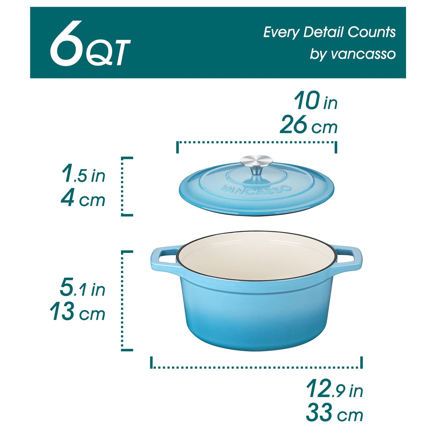 vancasso Enameled Cast Iron Dutch Oven, 6 QT Oven Pot with Lid, Round Enamel for Bread Baking, Non Stick Coating, Pot's Body Iron, Good Sealing, All Heat Source, Blue