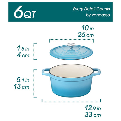 vancasso Enameled Cast Iron Dutch Oven, 6 QT Oven Pot with Lid, Round Enamel for Bread Baking, Non Stick Coating, Pot's Body Iron, Good Sealing, All Heat Source, Blue