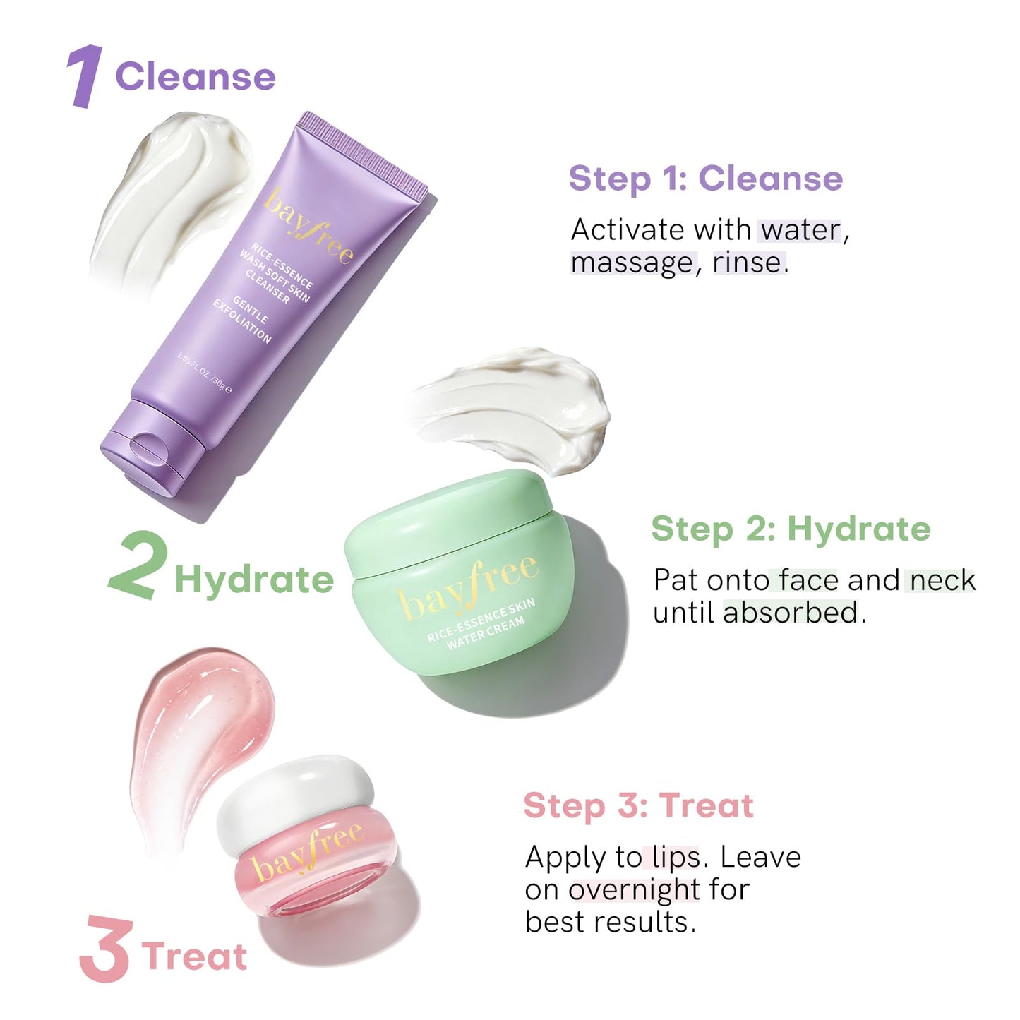 bayfree Favorites Travel Dewy Skin & Lips Plump Set, Hydrating Korean Skin Care Set with Rice-Essence Wash, Water Cream & Lip Mask, Gentle Skincare Gift Set for Girls Women, for Soft, Glowing Skin
