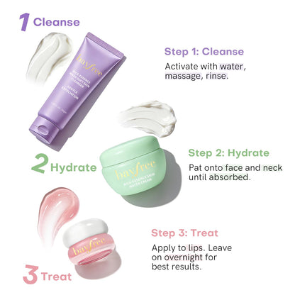 bayfree Favorites Travel Dewy Skin & Lips Plump Set, Hydrating Korean Skin Care Set with Rice-Essence Wash, Water Cream & Lip Mask, Gentle Skincare Gift Set for Girls Women, for Soft, Glowing Skin