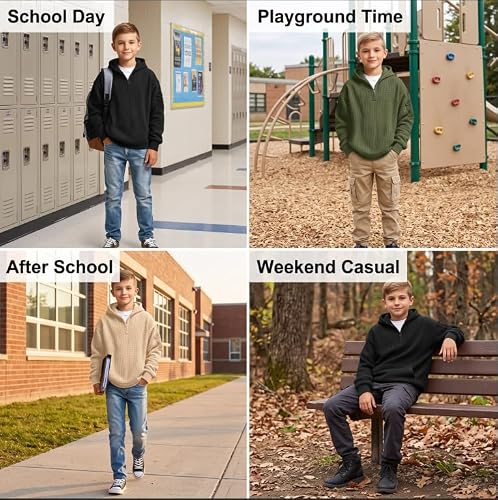 Gym Clothes Men Boys Waffle Knit Quarter Zip Hoodie Kids Back to School Hooded Pullover Tops Fashion Fall Winter Casual Sweatshirt 9 Years H01 Army Green