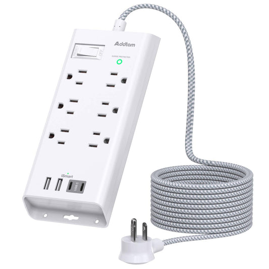 Addtam Surge Protector Power Bar, 5 Feet(1.5M) Flat Plug Extension Cord Indoor, Power Strip with 6 Outlets Charger, 3 USB Port, Compact Size Desktop Charging Station Wall Mount for Home, Office, Dorm