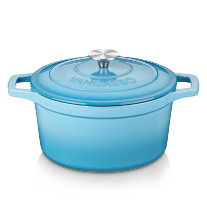 vancasso Enameled Cast Iron Dutch Oven, 6 QT Oven Pot with Lid, Round Enamel for Bread Baking, Non Stick Coating, Pot's Body Iron, Good Sealing, All Heat Source, Blue
