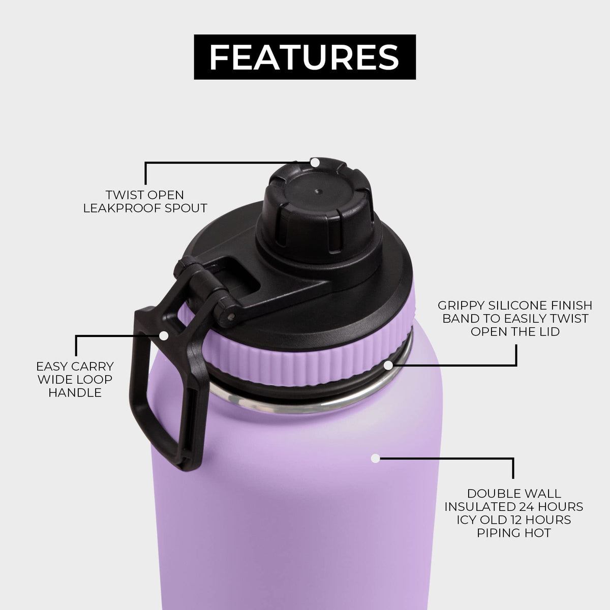 BOZ Stainless Steel Water Bottle XL, 1L/32oz (Lavender)