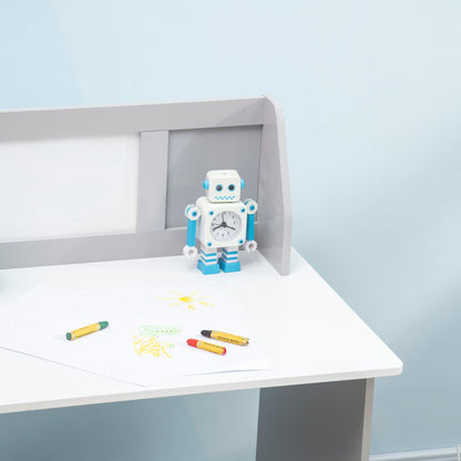 Qaba Kids Desk and Chair Set with Whiteboard, 2 Pieces Kids Study Table and Chair Set, Multi-Usage School Desk Furniture with Storage and Shelves, Computer Homework Art, Grey