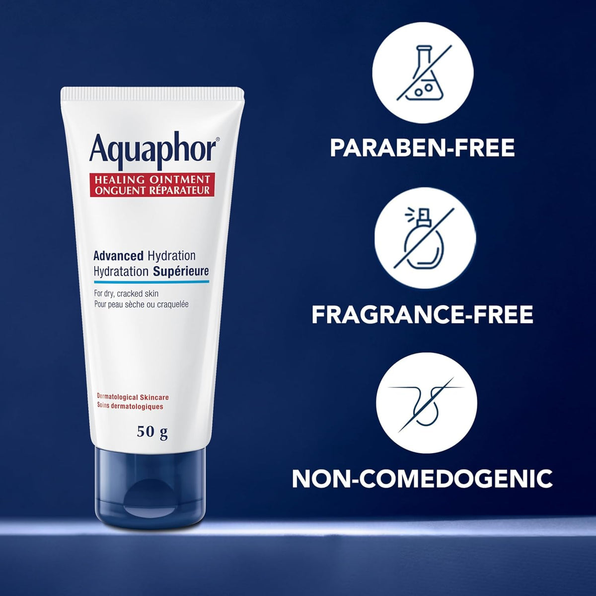Aquaphor Healing Ointment, Multipurpose Ointment for Dry, Cracked Skin, Chafing, Cuticle Care, Fragrance Free, Non Greasy and Non Comedogenic Body Moisturizer, Dermatological Skin Care, 50g Tube